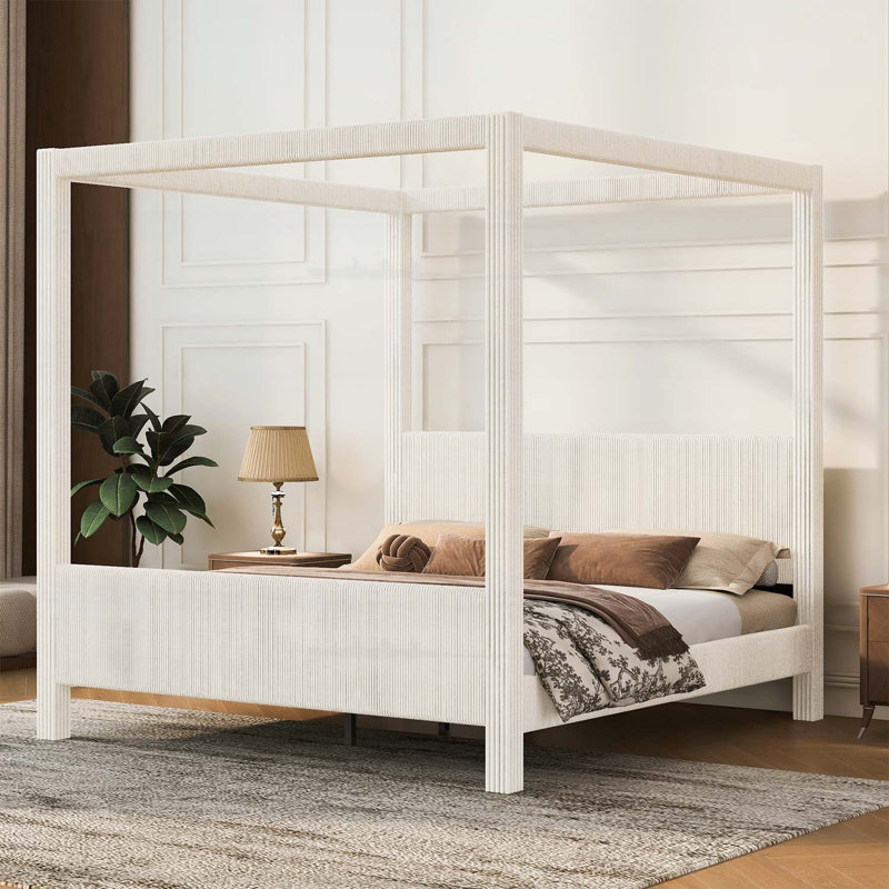 Grand lit plateforme à baldaquin avec tête et pied de lit en velours côtelé, mobilier de chambre élégant et confortable