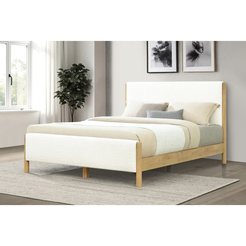 Cadre de lit grand et moderne rembourré blanc Boucle, confortable avec rembourrage en mousse, pieds en bois d'hévéa naturel, adaptable au lit à décor personnel, mousse, - tonique, aucun sommier tapissier nécessaire