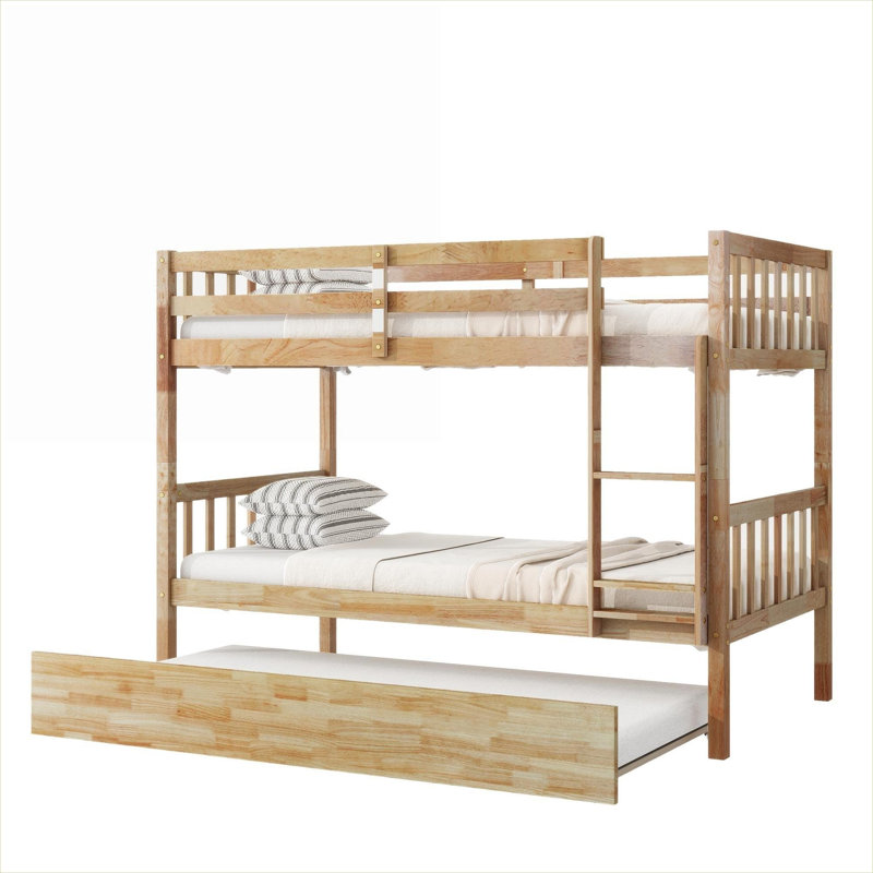 Shared Kids Bedroom Convertible Twin Size Platform Bunk Bed Sleeper With Pull-Out Trundle Classic White Solid Rubber Wood