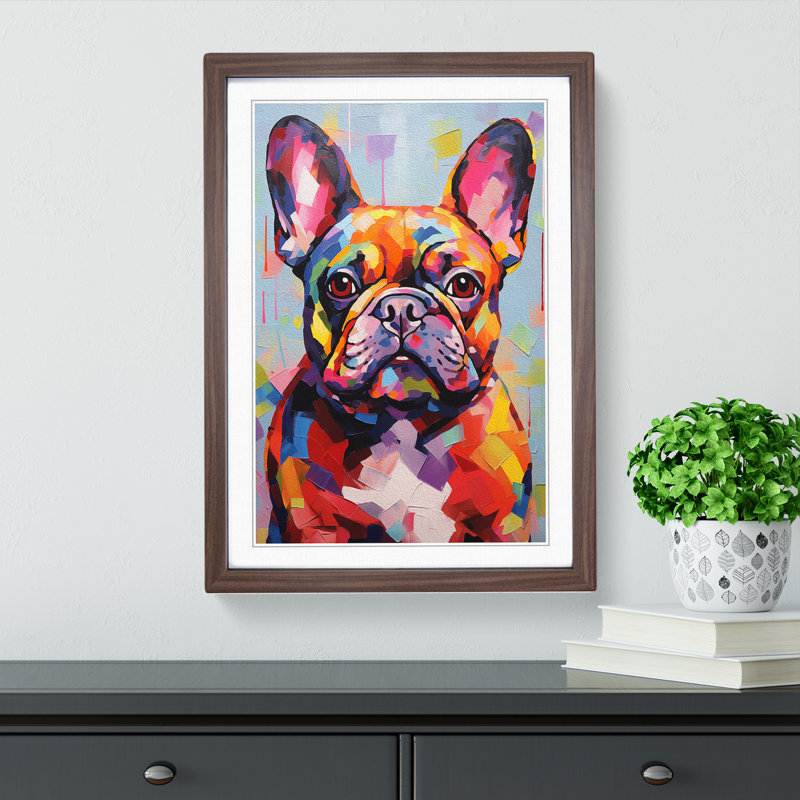French Bulldog Contemporary - Single Picture Frame Print on Wood, 34cm H x 25cm W x 2cm D, Walnut