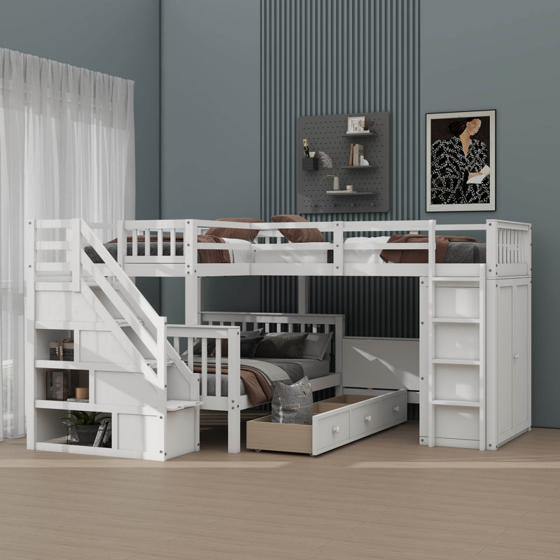 Lit superposé en forme de L avec lit simple simple et lit simple supérieur, 3 tiroirs, bureau portable et garde-robe, Blanc