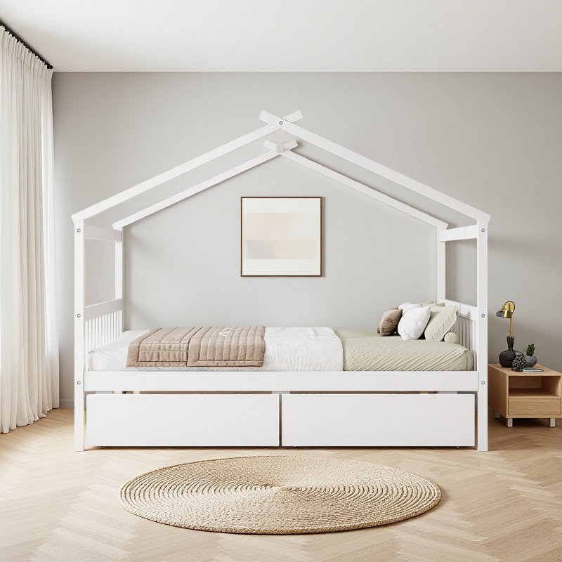 Lit double en bois avec tiroirs, Lit double, Blanc