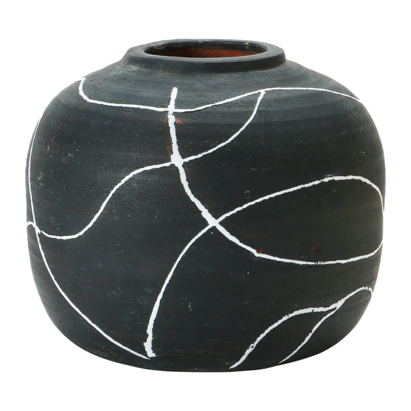 Glenlee Round Decorative Terra-Cotta Vase with Hand-painted Intersecting Lines