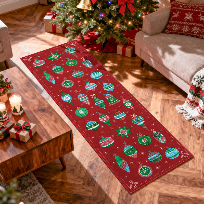 2x8ft Washable Christmas Ball Print Accent Rug w/ Non-Slip Backing,Stain-Resistant Low Pile Xmas Holiday Carpet