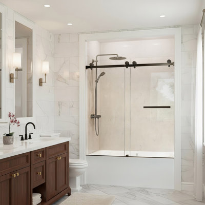 56–60" W X 66" H Sliding Shower Door With 3/8" (10Mm) Explosion-Proof Tempered Glass, Frameless, Stainless Steel Hardware