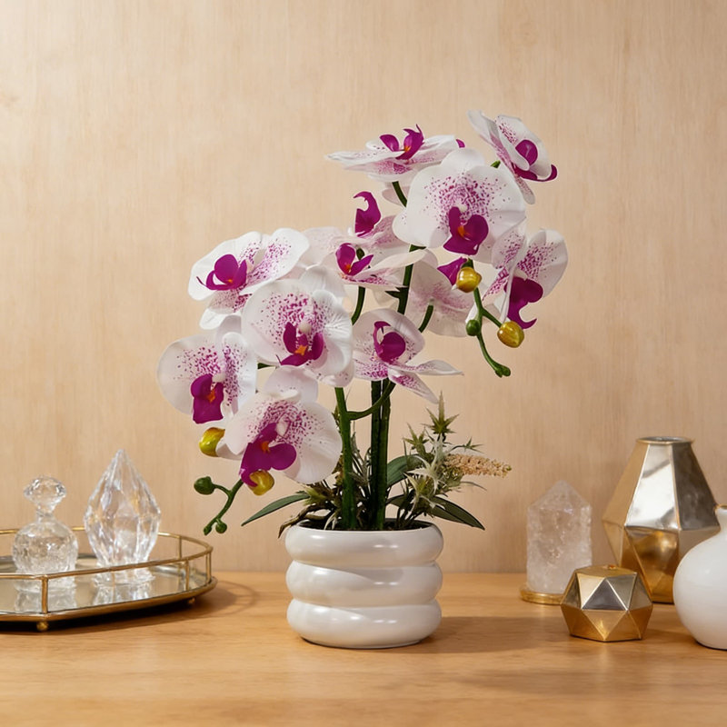 Orchidée artificielle Real Touch dans un vase en céramique - Arrangement floral faux phalaenopsis réaliste pour mariage