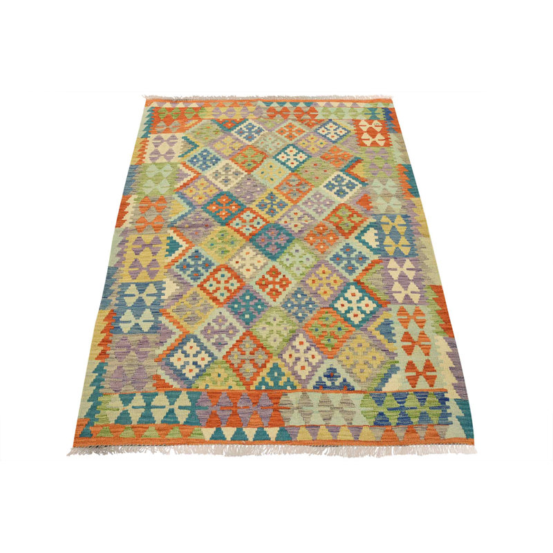 Tapis unique orange, jaune, mauve et vert de 4 pi 2 po x 5 pi 6 po