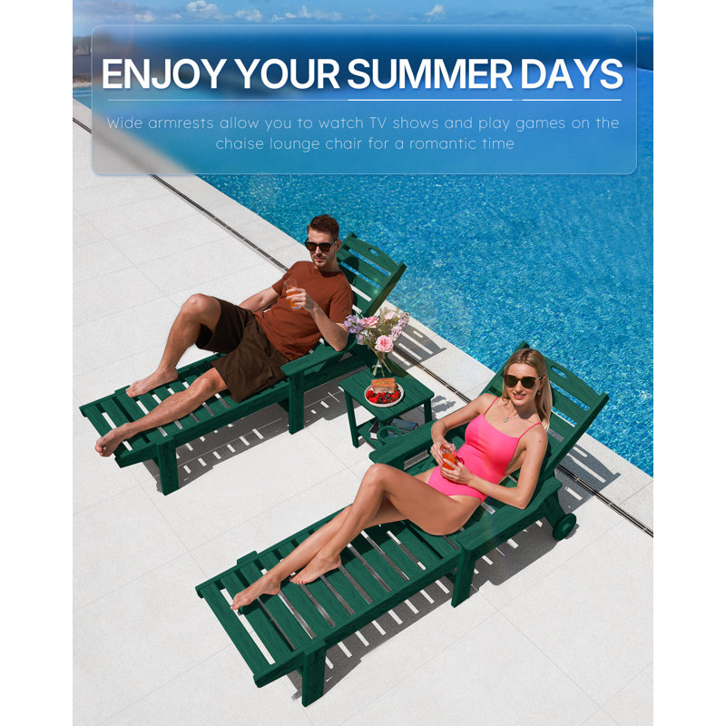Chaise Lounge Chair Outdoor with Wheels, Oversize Patio Lounge Chairs with Wood Texture, 6-Position Plastic Lounge Chairs for Poolside, Patio, Deck, Beach