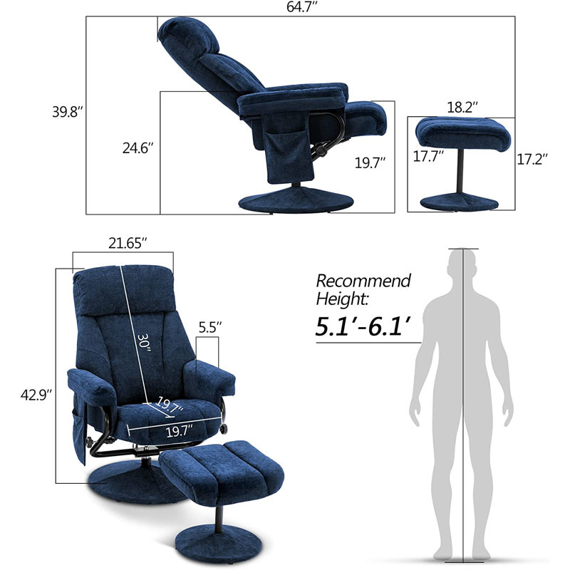 Recliner with Ottoman, Reclining Chair with Massage, Chenille Fabric Swivel Recliner Chairs, Blue Chenille