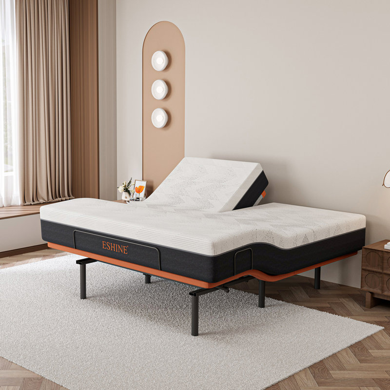 Structure de lit ajustable très grand divisé avec matelas en mousse à mémoire de forme mi-ferme de 12 po, gravité zéro, massage, télécommande sans fil et contrôle des applications, orange coucher de soleil E3000
