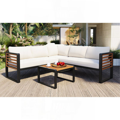 4 Pieces Outdoor Patio Conservation Set, Metal And Wood Frame Sectional L-Shaped Sofa With Soft Cushion And A Coffee Tables For Garden, Backyard, Porch And Deck, Beige