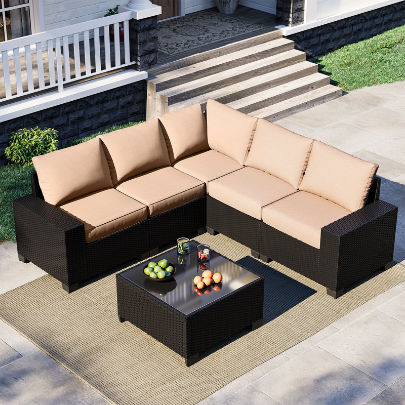 Ensemble de meubles de patio 6 pièces, avec coussins et table basse en verre, ensemble de canapé modulaire en osier de rotin Pe
