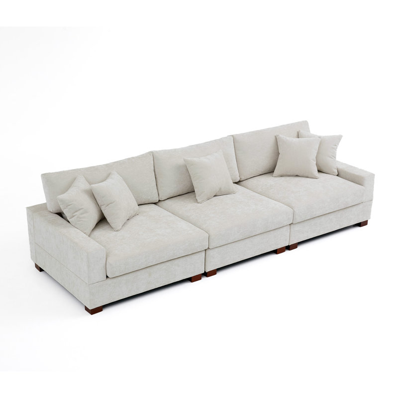 3 - Piece Upholstered Offwhite Chenille Modular Sectional Sofa with Armrests & Throw Pillows, Off White