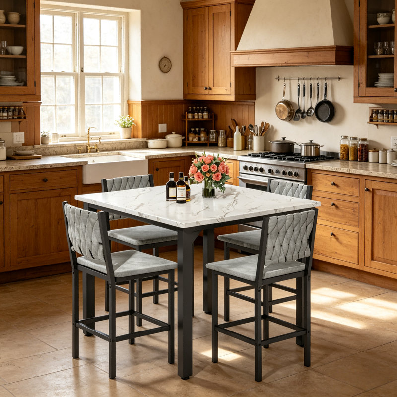 Ensemble de table de salle à manger 5 pièces avec table à hauteur de comptoir et 4 tabourets de bar, ensemble de salle à manger de cuisine moderne en faux marbre avec chaises rembourrées, ensemble de salle à manger compact pour petits espaces