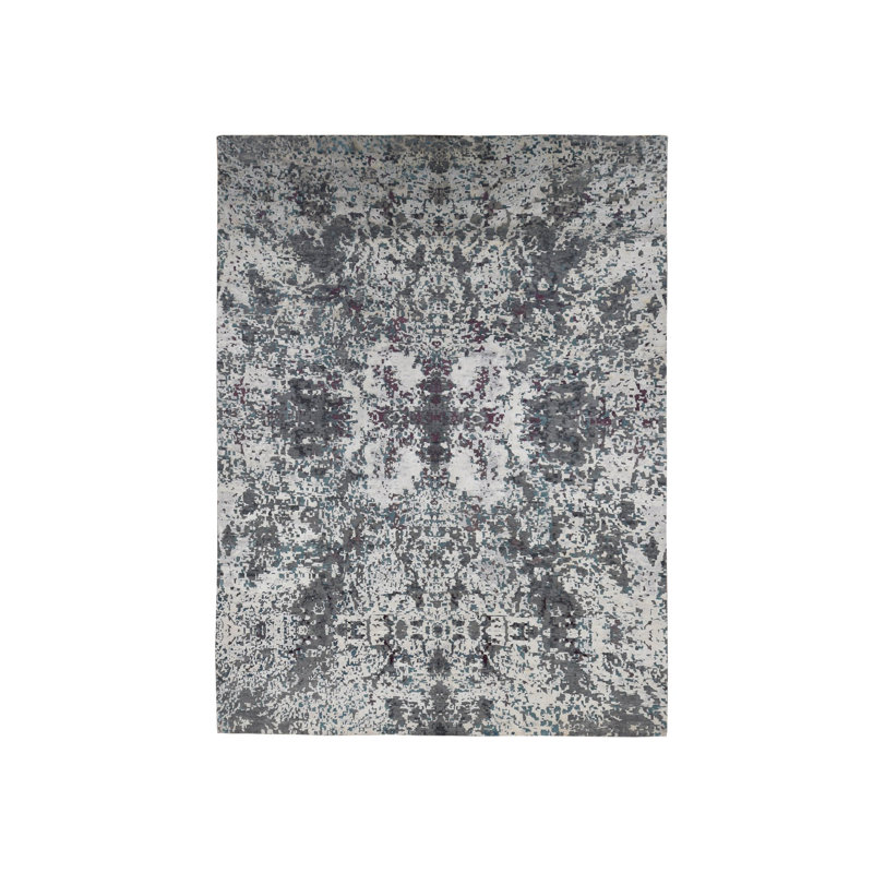 Tapis gris en laine et en soie noué à la main de conception abstraite moderne 9 pi 10 po x 13 pi 7 po 34DA02CB50264FE190935E7B78B3B96F