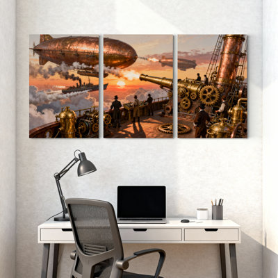 Fantasy & Sci-Fi Steampunk Airship Sunset Mechanical Gears People Sky Set of 3 Canvas Wall Art Prints