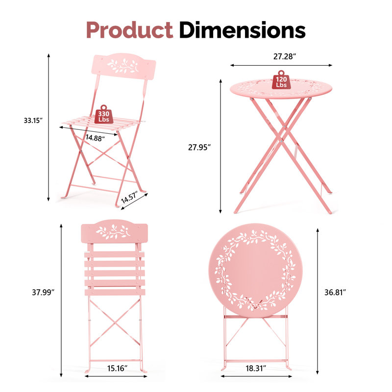 3-Piece Bistro Set With Seat Cushions,Pink, Pink