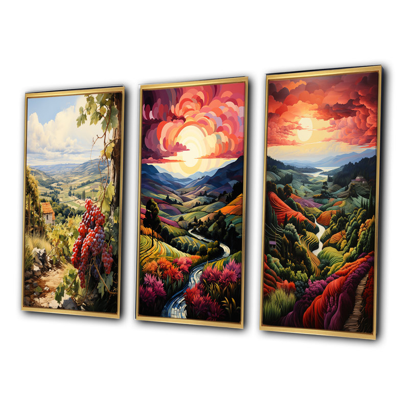 «Vineyard Twilight Bliss», 3 pièces sur toile, Encadrement doré, H 28 po x l 36 po