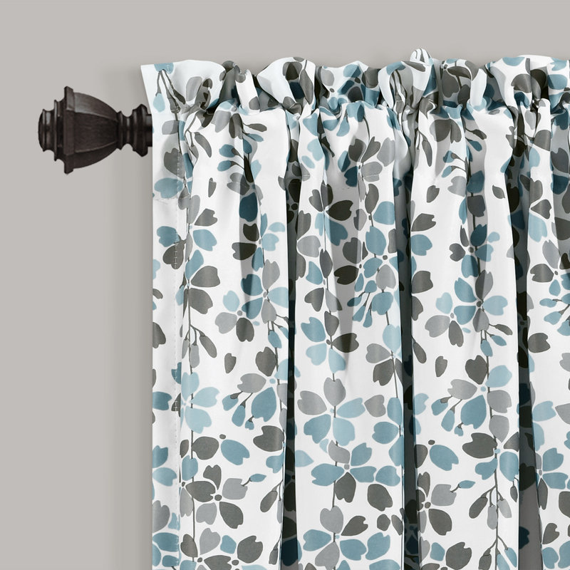 Blue Gray Floral Room Darkening Polyester Curtain Panels, Set of 2