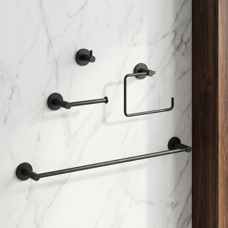 VIGO Cass 4-Piece Matte Black Bathroom Hardware Set with 24-in Towel Bar, Toilet Paper Holder, Hand Towel Holder and Hook