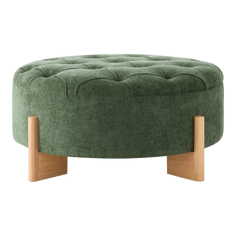 32" Round Tufted Ottoman with Solid Wood Legs, Green
