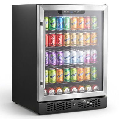 Réfrigérateur à vin de 61 cm (24 pouces) pour 180 canettes, idéal pour un bar à domicile. Encastrable sous comptoir ou installation libre. Réfrigérateur à compresseur avec serrure, thermostat réglable de 3 à 10 °C (38 à 50 °F), porte vitrée et éclairage LED.