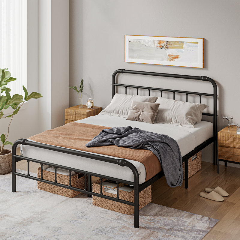 Amylia Heavy Duty, Anti-Sway, 14” Iron Bed, Head and Footboards, Artistic Steel Pipe Molding