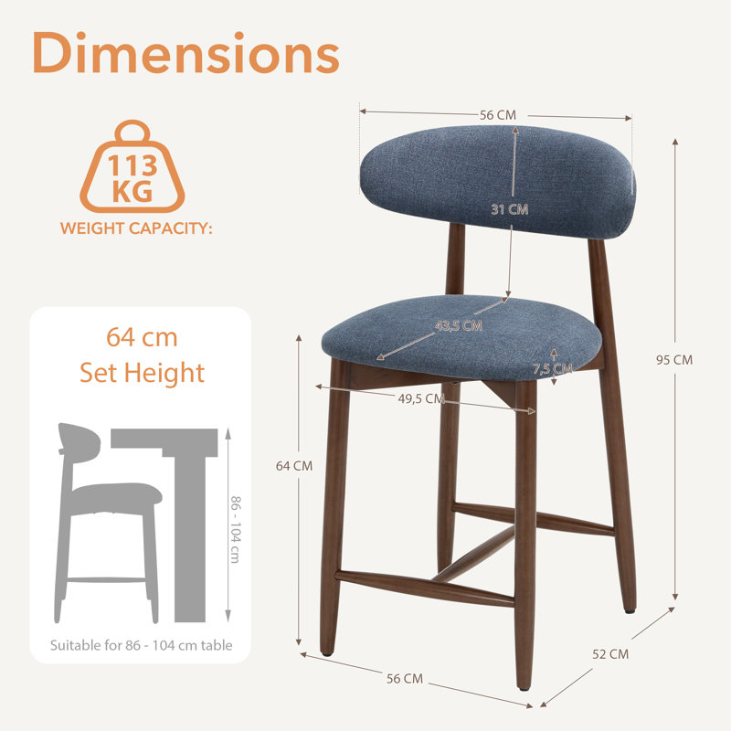 Upholstered Counter Stool with Solid Wood Frame, Blue