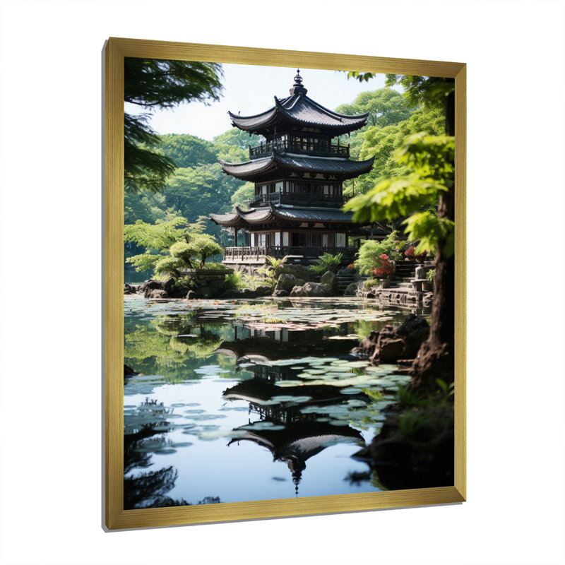 Tagert, art asiatique, pagode sereine - impression, Impression dorée sur toile encadrée, H 32 po x l 24 po x P 1 po