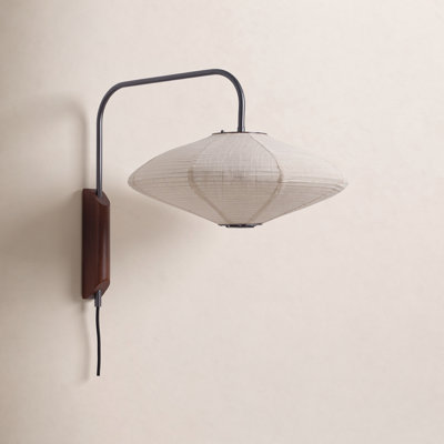 Roswell Wall Sconce - Matte Black, Handcrafted Shinpuru-sa Linen-Cotton Shade, Plug-in