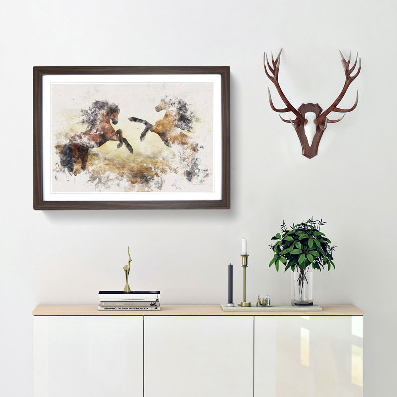 Two Wild Stallion Horses - Single Picture Frame Print on MDF, 35cm H x 50cm W x 2cm D, Walnut