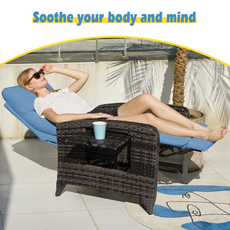 Dasai Wicker Outdoor Recliner Chair with Table, Blue, Brown/Gray