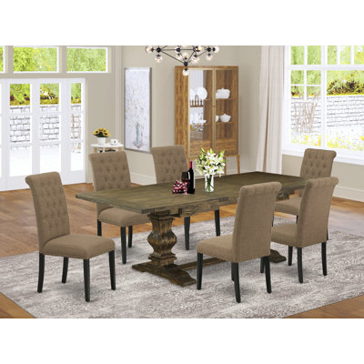 Ensemble de salle à manger 7 pièces comprenant une table rectangulaire à rallonge amovible et 6 chaises rembourrées en lin sable clair, 107 x 234 cm, style jacobéen