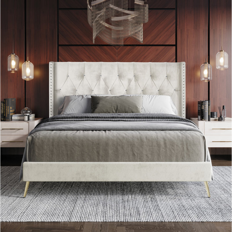 Lit plateforme tapissier à profil bas Petersfield, Beige, Double
