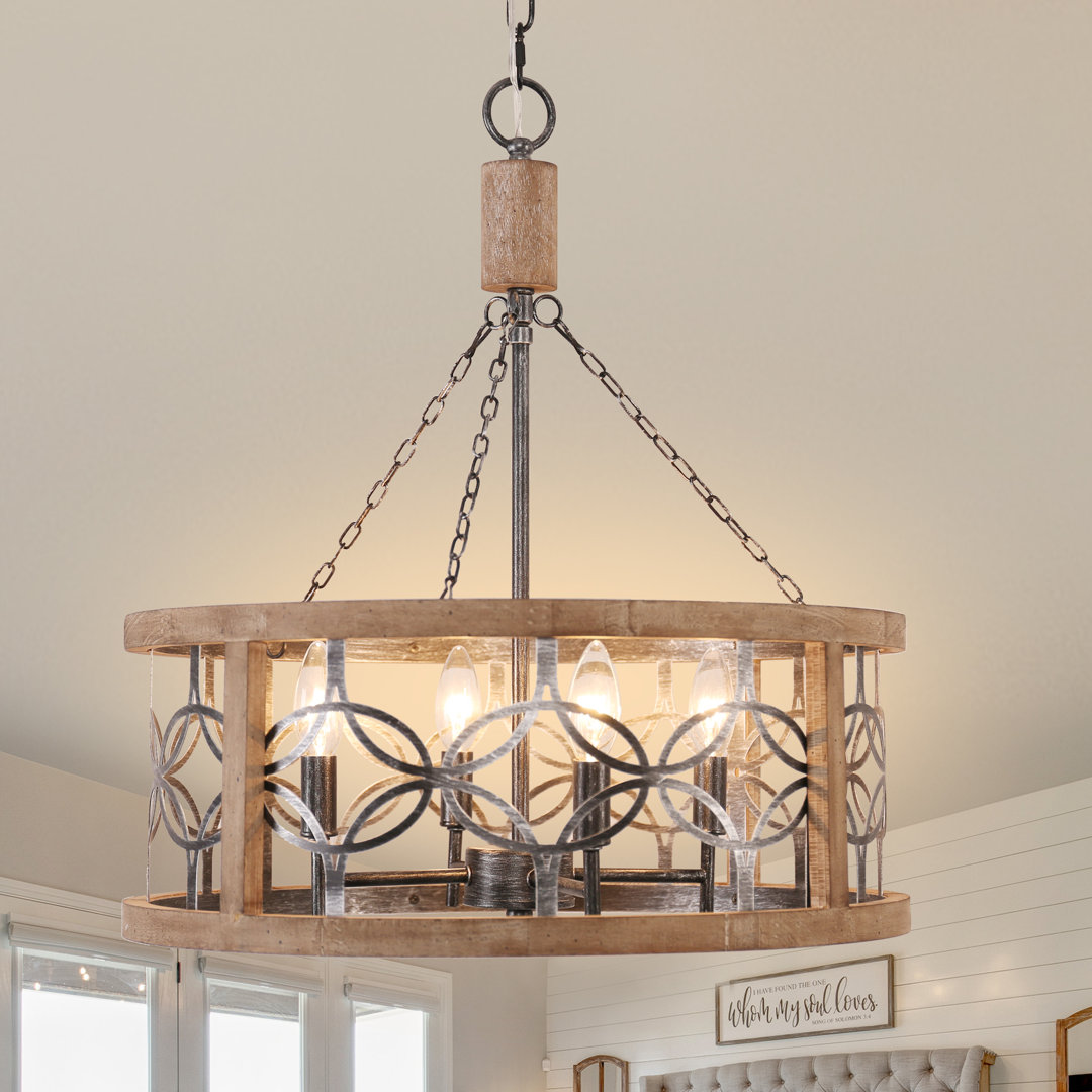Ambrose 19.7" Caged Wood Chandelier Adjustable Pendant Light with Wood Accents Laurel Foundry Modern Farmhouse® 