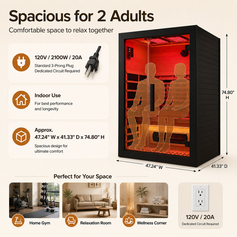 Sauna infrarouge lointain DUTHSS pour la maison, sauna sec d'intérieur pour 2 personnes avec chauffage 120V / 2100W, contrôle WiFi et LCD, 7 panneaux de carbone, 3 tubes de lumière rouge, 2 lampes infrarouges, audio Bluetooth, bandes lumineuses à DEL