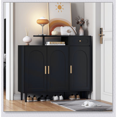 Elegant Shoe Cabinet with Arched Doors and Drawer, Cream Style Storage Sideboard with Adjustable Shelves and Solid Wood Legs for Entryway, Living Room by Hokku Designs