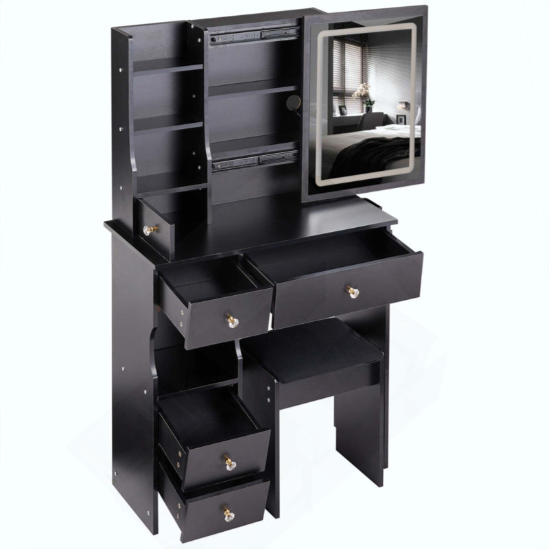 Small Size Left Drawer Desktop Vanity Table + Cushioned Stool, 2 AC+2 USB Power Station, Hair Dryer Bracket, Extra Large Touch Control Sliding LED Mirror, Tri-Color Switching, Brightness Adjust