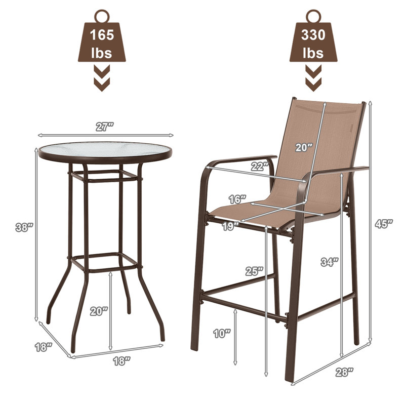 Ensemble bistro extérieur 3 pièces Winston Porter avec 2 tabourets et 1 table en verre trempé brun