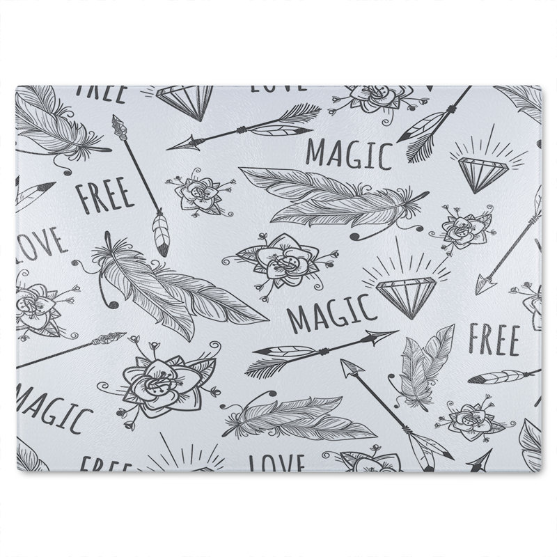 Tribal Feathers Arrows And Diamonds Glass Chopping Board, 40cm L x 28cm W