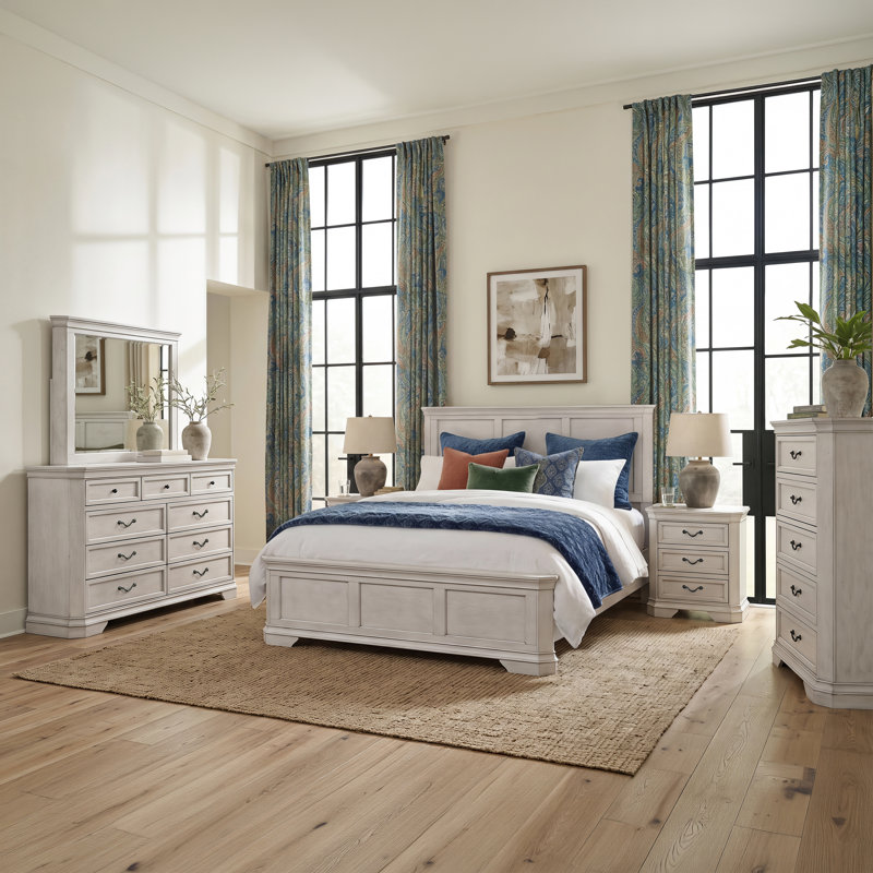Cressa 6 Piece Bedroom Set, King, Antique White, 6 Pcs: Bed, 2 Nightstands, Dresser, Mirror, Chest