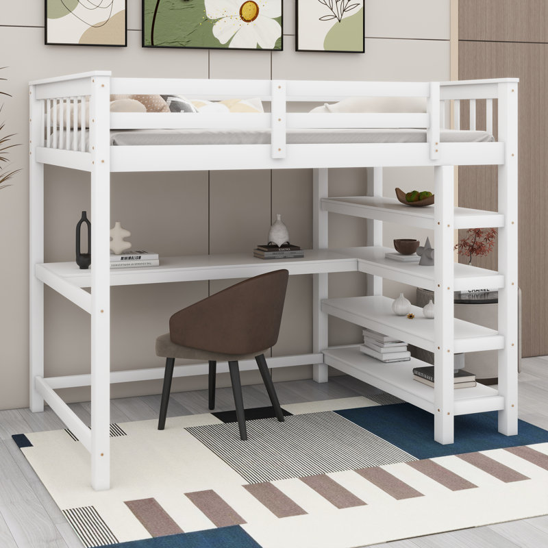 Lit mezzanine en bois de pin massif avec bureau sous le lit et tablettes de rangement, Lit double