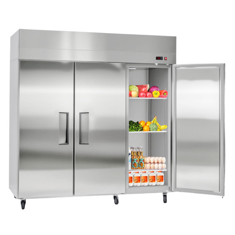 Réfrigérateur commercial commercial de 72 po de largeur, réfrigérateur droit en acier inoxydable de 52 pi cu avec trois portes, dégivrage automatique, 9 tablettes réglables, contrôle de température de 32 à 50,, certifié UL
