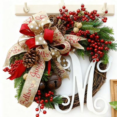 Couronne d'hiver de 12 pouces pour la porte d'entrée, couronne d'hiver avec signe de bienvenue, aiguille de pin, pomme rouge, baies artificielles pour décoration de fête