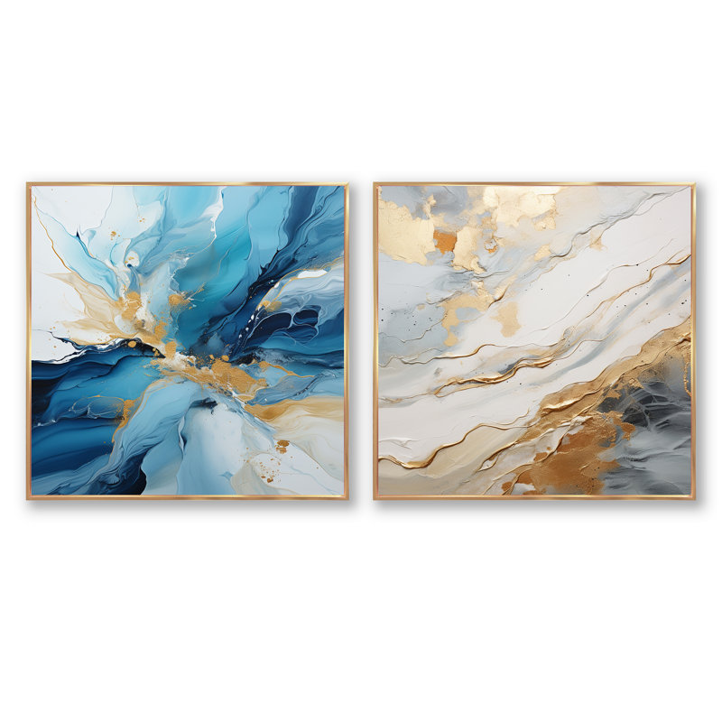 Ensemble de 2 collages carrés bleus et blancs Glacier Charm II, Cadre flottant doré, H 30 po x l 61 po