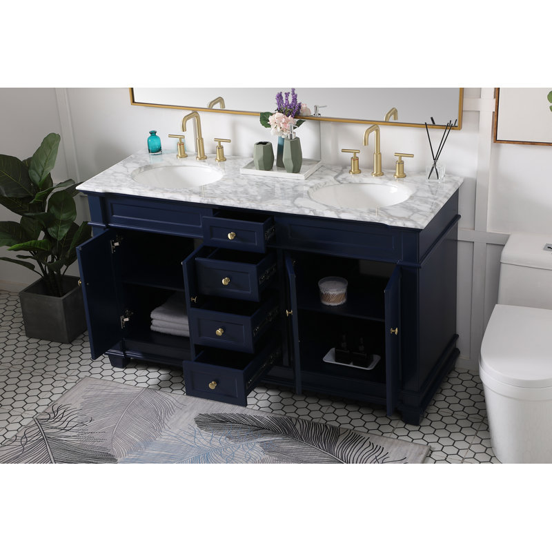 Ensemble de meuble-lavabo double 60 po Lydie, Cararra blanc, Bleu