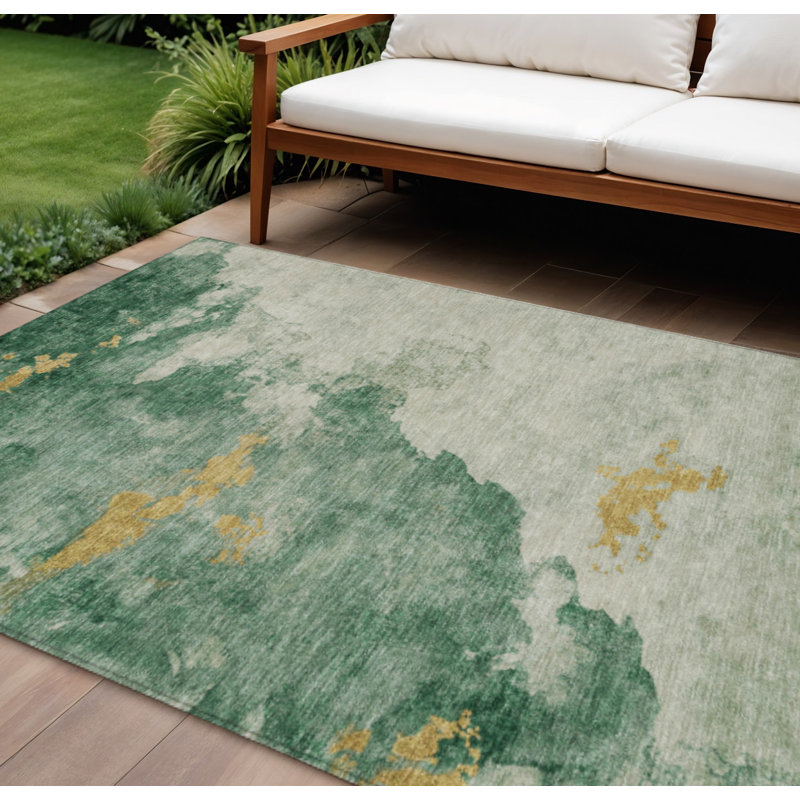 Tapis intérieur/extérieur abstrait lavable, 2,74 m x 3,66 m, couleur émeraude, sauge et ivoire.