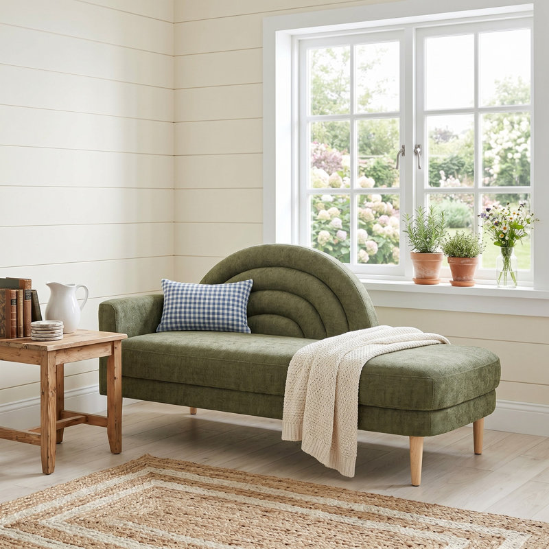 Rainbow-Inspired Linen Upholstered Chaise Lounge with Curved Backrest, Olive
