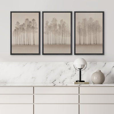 «Serene Minimalist Forest Landscape Neutral Botanical Set», reproduction d'art encadrée de la chambre principale, 3 pièces