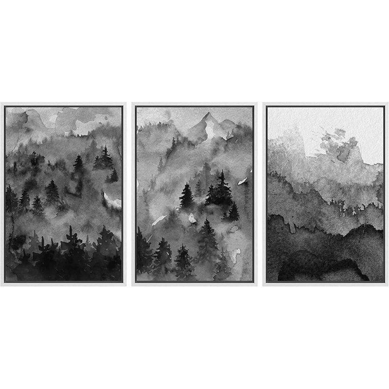 «Woodland Forest Landscape Dark Mountain Forest», peinture sur toile 3 pièces, L 72 po x H 36 po, Blanc